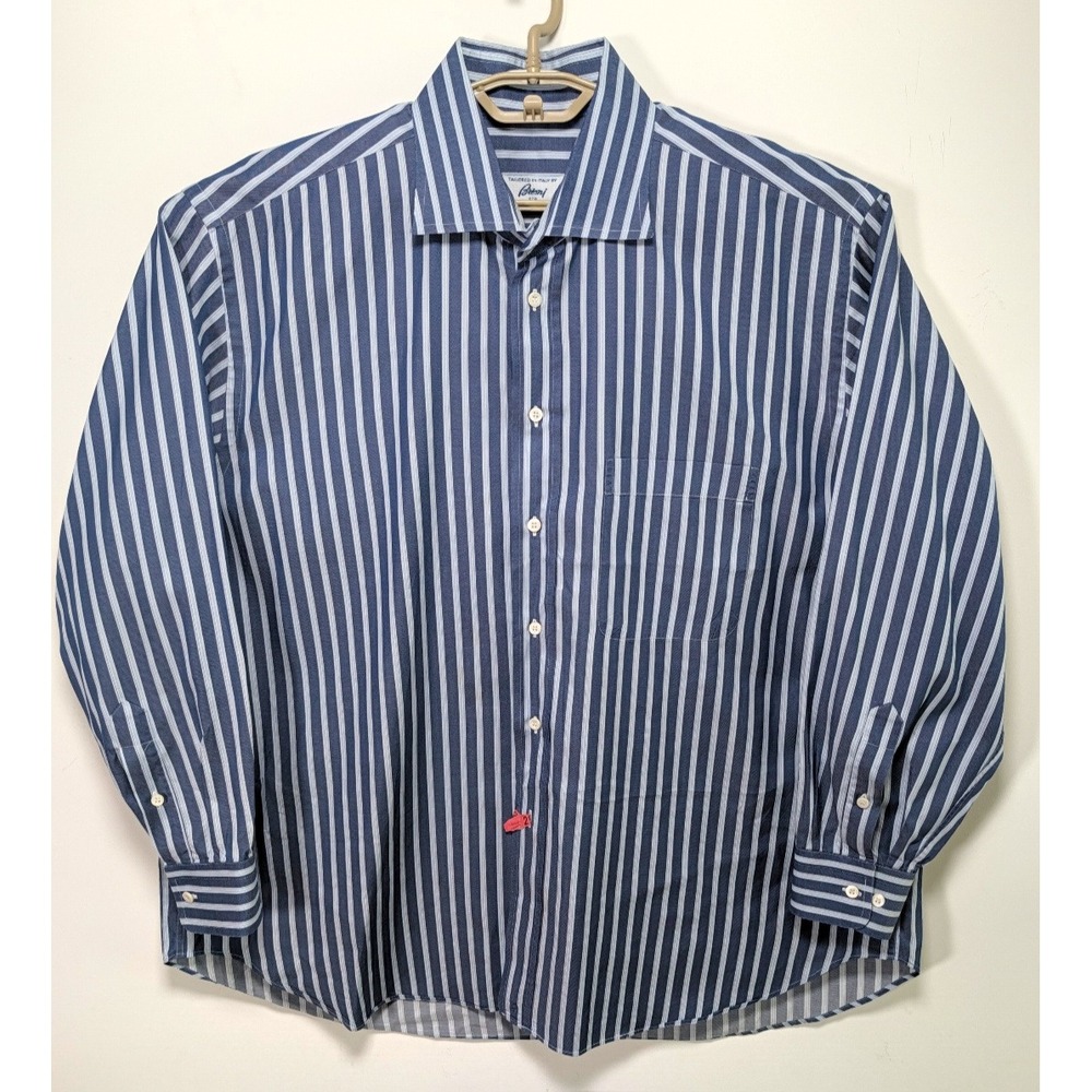 Vintage Brioni Mens Button Down Shirt XXL Cotton Blue White Stripe Made In Italy